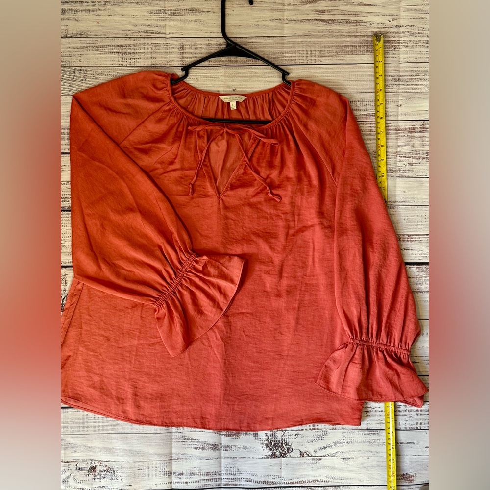 Silk Lucky Brand Coral Blouse with Ruffle Long Sleeves
